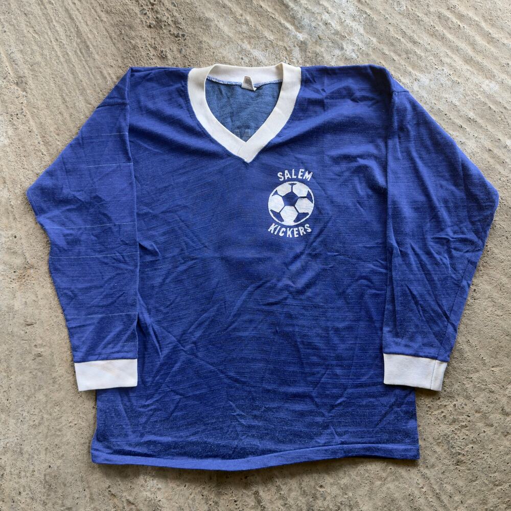 VINTAGE 60S 70S MASON DURENE JERSEY SALEM KICKERS FOOTBALL MENS LONG SLEEVE BLUE